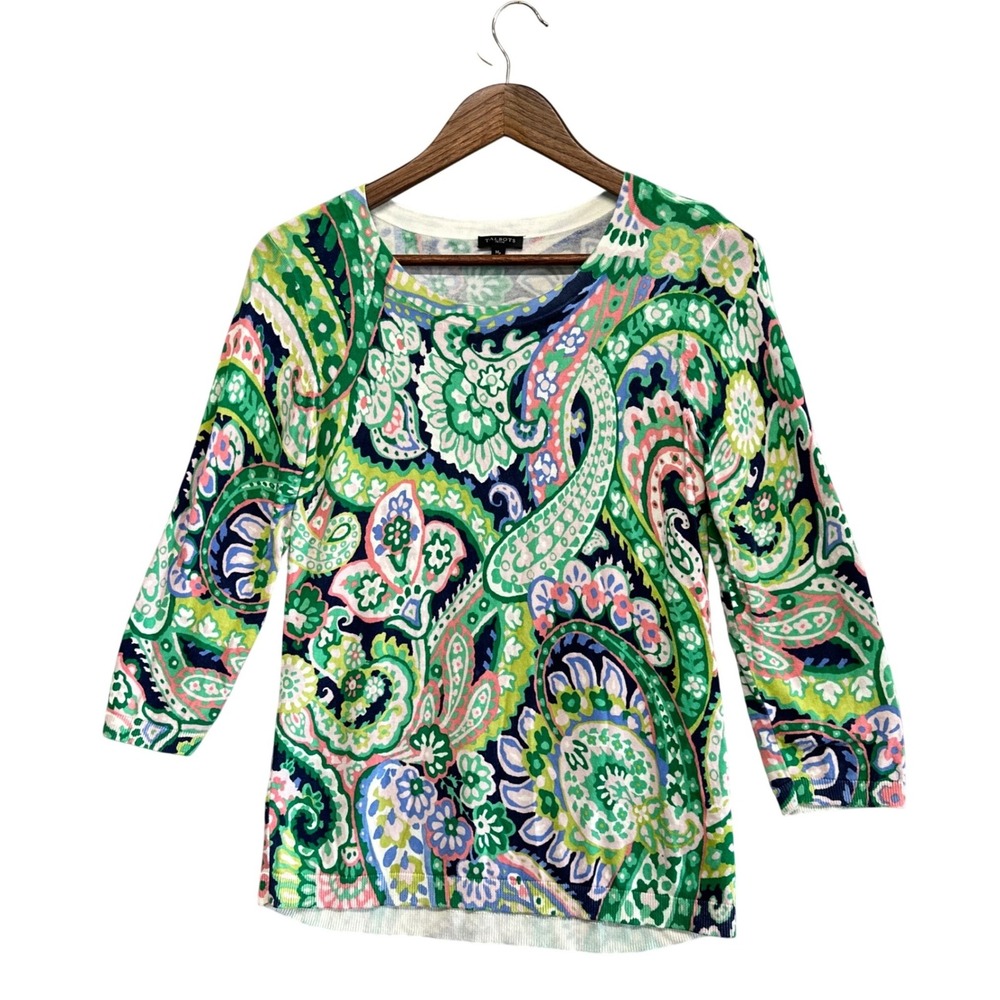 Talbots Womens Knit Sweater Size M P Multicolor Paisley Print 3/4 Sleeve Coastal
